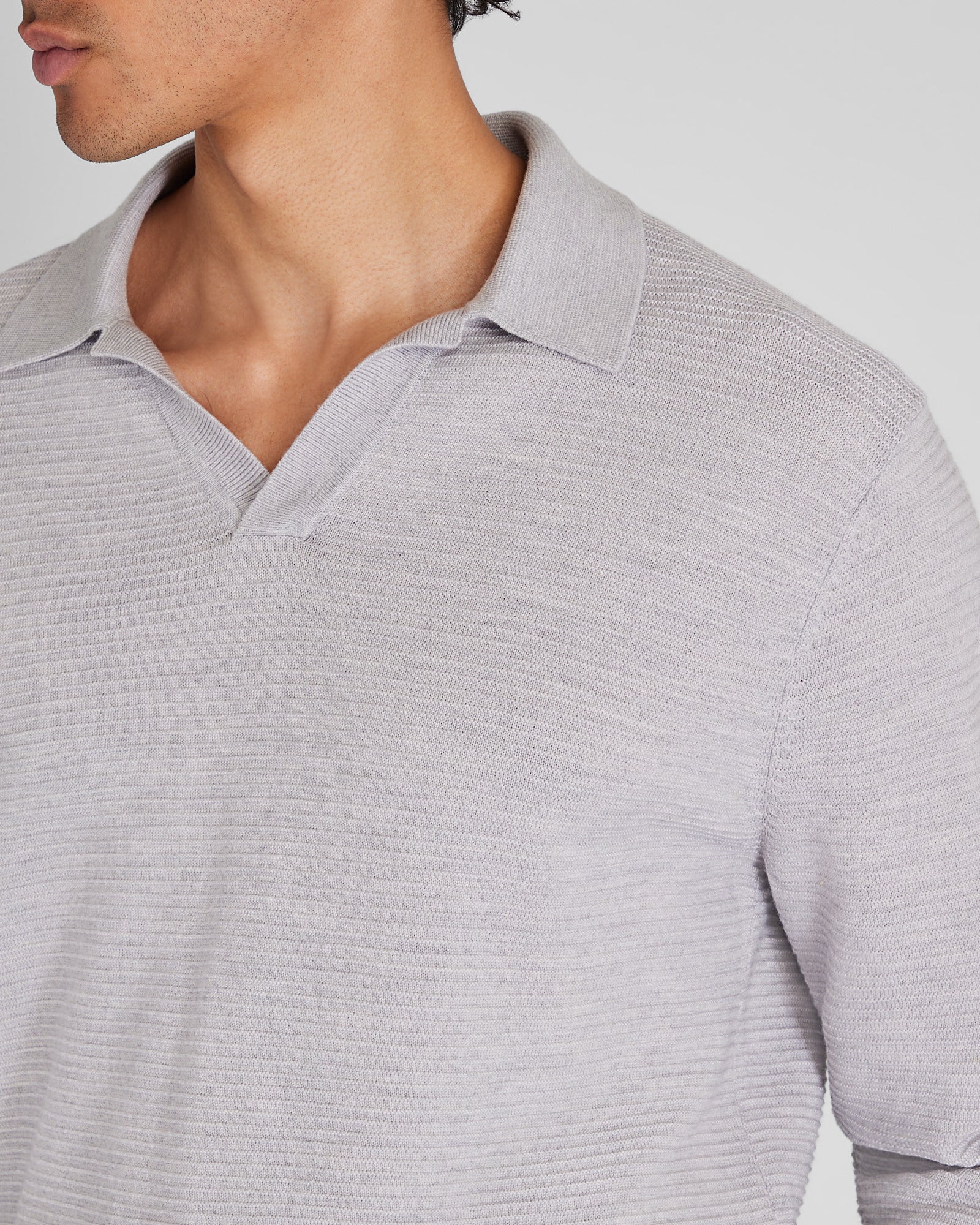 Long-Sleeve Textured Johnny Collar Knit Polo - Image 2