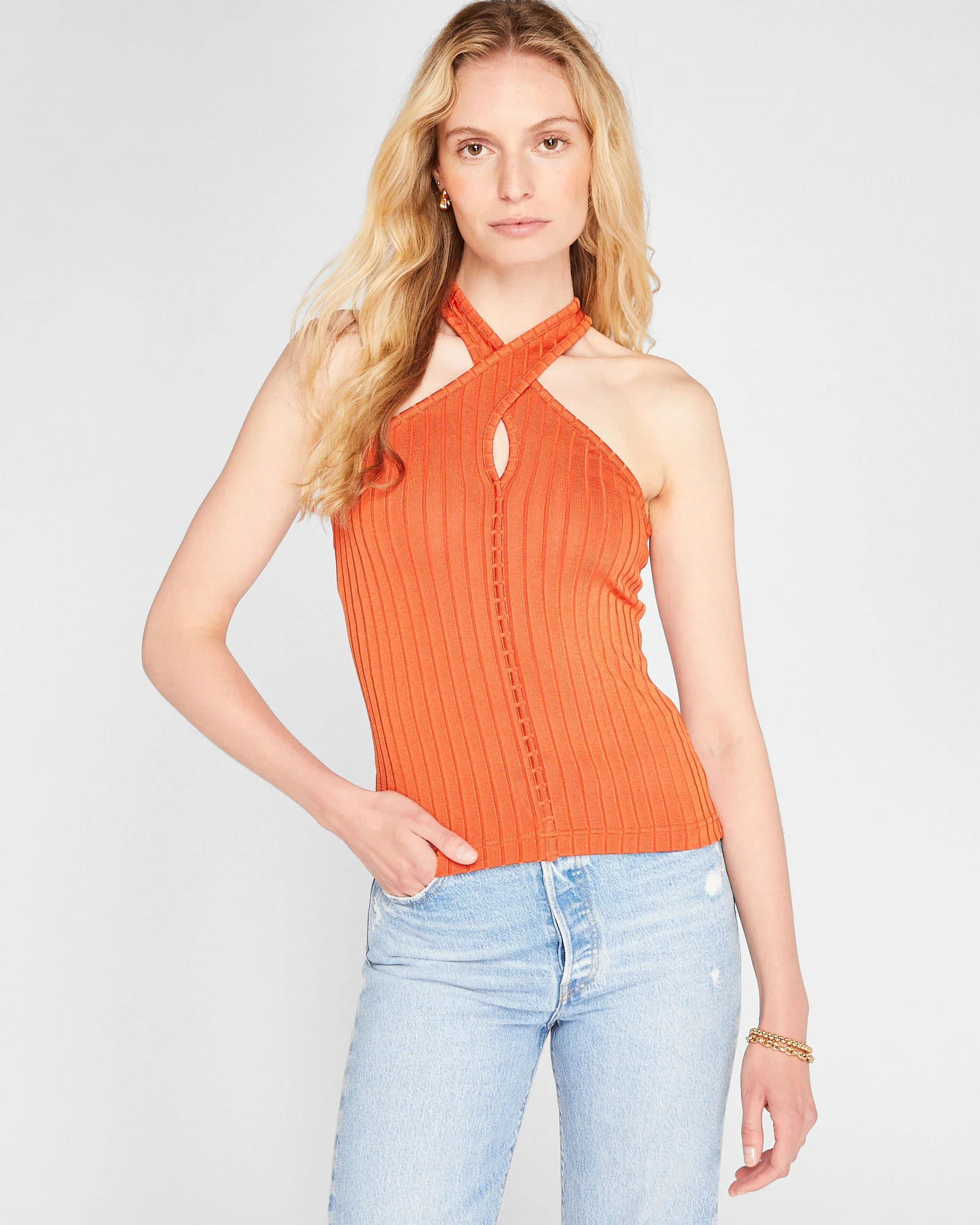 Shiny Wide Rib Halter Top
